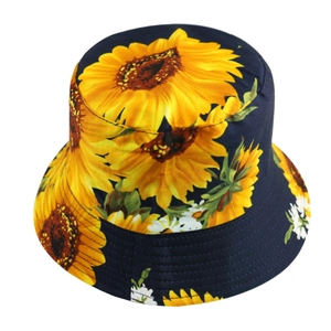 3D sunflower reversible bucket hat in navy blue with wide brim for summer sun protection