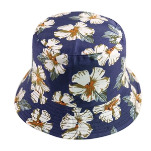 Close-up of floral print fisherman hat with reinforced stitching and cotton canvas texture