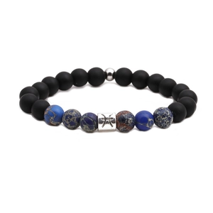 Pisces zodiac stretch bracelet with matte black onyx and blue imperial stone beads