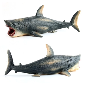 Realistic great white shark toy model showing detailed side views and open jaws on white background