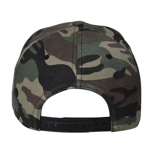 Detail of woodland camouflage baseball cap featuring an adjustable black plastic snapback closure