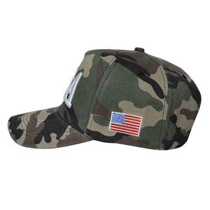 Detail of woodland camouflage baseball cap featuring LA embroidery and USA flag patch