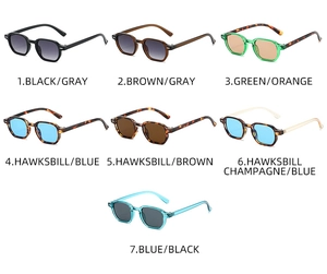 Collection of retro square sunglasses in seven assorted colors on a clean white background