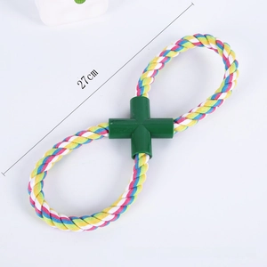 Detail of 27cm colorful braided cotton dog chew toy with green cross connector