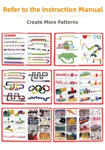 Detailed instruction manual showing creative domino building patterns and shapes