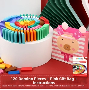 Detailed set of 120 colorful wooden dominoes with cute rabbit gift bag and instruction manual