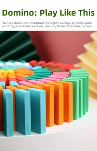 Close-up of colorful wooden domino blocks set on a round white stand for educational play