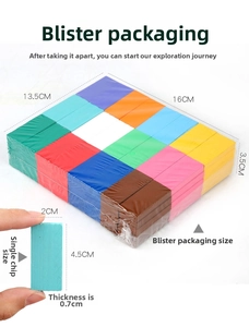 Detailed view of colorful wooden dominoes package showing specific dimensions and scales
