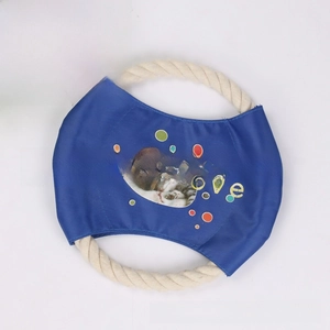 Close-up of durable blue pet flying disc with strong cotton rope handles for dog training