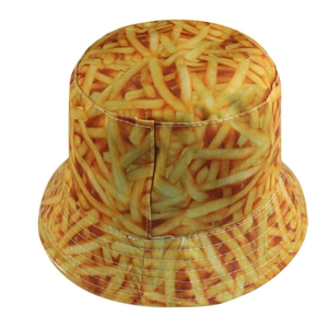 Reversible bucket hat with all-over french fries print for sun protection and outdoor style