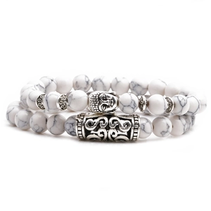 White turquoise beaded bracelet set with silver Buddha head and textured tube accents