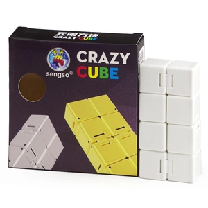 Detailed view of white foldable infinity cube stress relief toy with black retail packaging