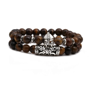 Tiger eye stone beaded bracelet set featuring a vintage silver spartan helmet and owl bead