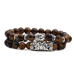 Tiger eye bead bracelet set with silver Buddha head and hollow cylinder charm