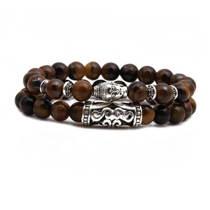 Tiger eye stone bead bracelet set with silver Buddha head and textured metal tube charms