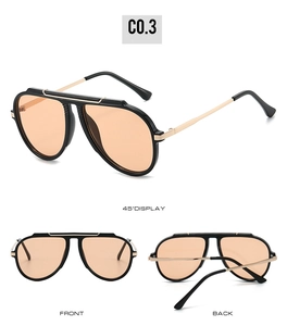 Detailed views of pilot sunglasses with gold metal frames and orange lenses
