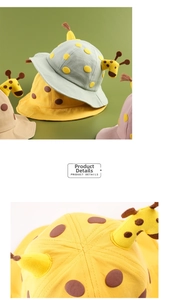 Detailed stitching on children's cotton giraffe sun hat with 3D ears and polka dots