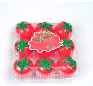 Nine red tomato splat water ball squeeze toys organized in a clear plastic display tray