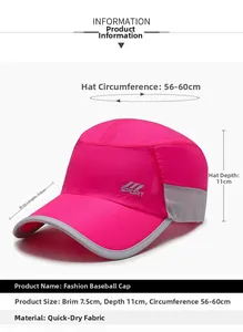 Detail of rose red quick-dry baseball cap with grey mesh and 7.5cm brim measurements