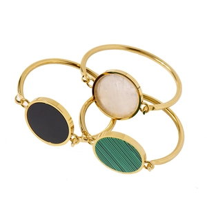 Malachite Shell Onyx Round Disc Bangle Bracelet Gold Plated Copper Open Cuff Fashion Jewelry For Women