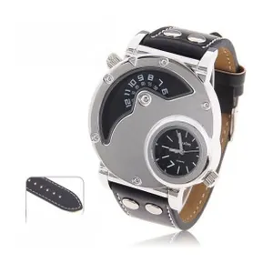 Detailed macro view of OULM mens military watch with rivet leather strap and dual dial design