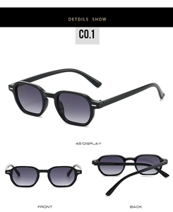 Detailed views of hexagonal black sunglasses with grey gradient lenses from multiple angles