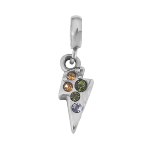 Macro shot of silver lightning bolt charm with multicolored crystals and a large loop