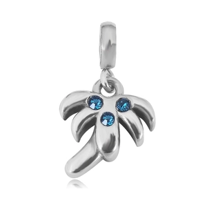 Polished silver palm tree pendant with blue gemstones and top ring for DIY bracelets
