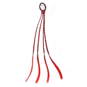 Detail view of 4 red braided synthetic pigtails on a brown elastic hair tie for kids