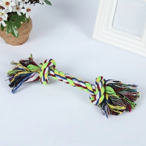 Detailed close-up of a durable multi-color double-knot cotton rope chew toy for pet dogs