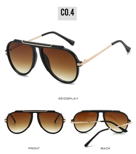 Three perspectives of oversized aviator sunglasses with black frames and gold metal temples