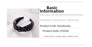 Detailed view of rainbow pearls hand-stitched on black elastic fabric headband