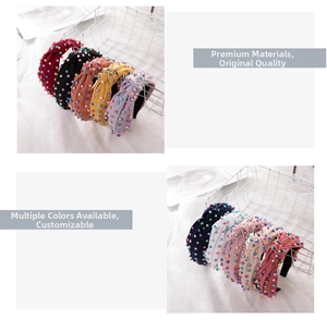 Detail of colorful knotted headbands with iridescent pearls in various vibrant colors