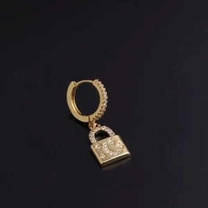 Golden padlock earrings with moon and star charms and sparkling zircon inlay details