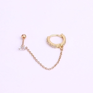 Golden chain earring for double piercings with zircon studs and delicate tassel link