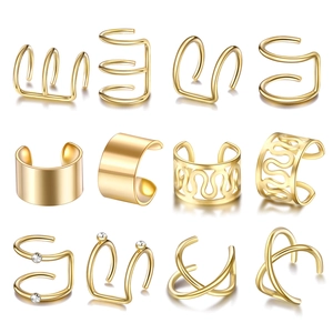 12-piece gold ear cuff set with minimalist wire and crystal designs for non-pierced ears