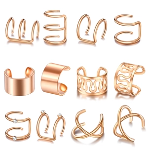 Set of 12 rose gold ear cuffs for non-pierced ears in minimalist and zircon styles