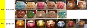 Mosaic glass candle holders in various colors showing N0.6 and N0.7 size specifications