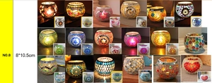 Detailed grid of Turkish mosaic glass candle holders in various colors and 8x10.5cm size