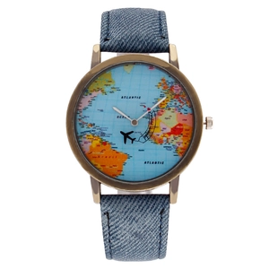 Vintage World Map Dial Quartz Watch With Airplane Hand Metal Case Denim Fabric Strap Fashion Creative Wristwatch For Men