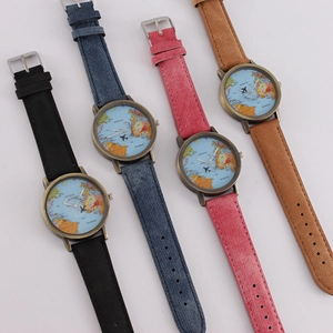 World map watches with airplane hands and denim straps in four distinct colors