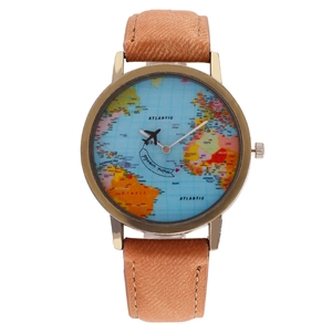 Men's fashion map watch with gold case, brown strap and creative airplane hands