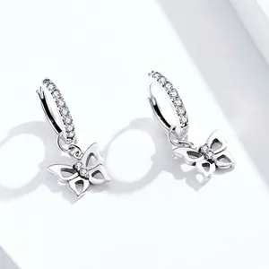 S925 sterling silver butterfly hoop earrings featuring hollow wings and zircon accents