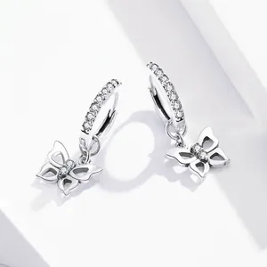 Elegant S925 sterling silver butterfly hoop earrings with sparkling zircon crystals