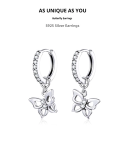 Detailed close-up of S925 sterling silver butterfly hoop earrings with sparkling diamonds