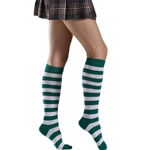 Classic green and white striped over-knee socks for women in soft cotton blend material