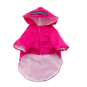 Close-up of rose red hooded pet raincoat with breathable white mesh lining and reflective trim