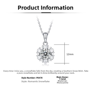 Detailed diagram of 12mm snowflake moissanite pendant necklace with a 1 carat stone