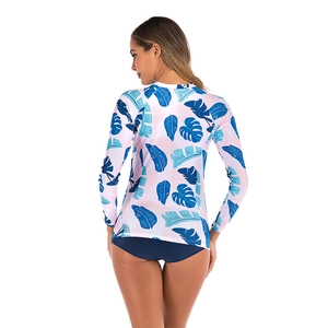 Rear view of long sleeve floral bikini set showing tropical leaf print and blue bottom