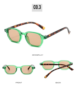Three-view display of vintage polygonal sunglasses with green frames and tortoiseshell temples